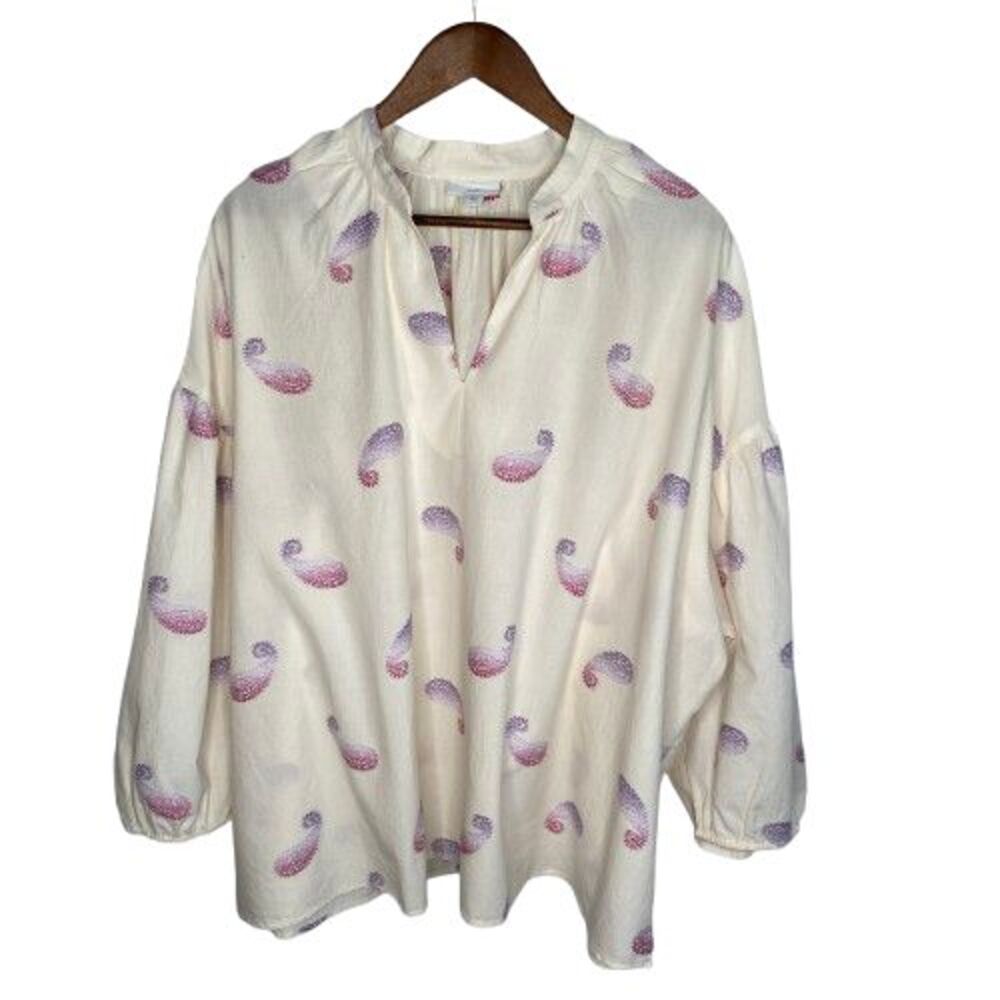 J Jill Womens Oversized Paisley Peasant‎ Blouse Top Sz XL Cream Puff Sleeve Boho